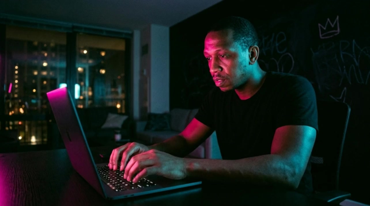 Michael Bass, Founder and Executive Director of IgCE, working at a laptop